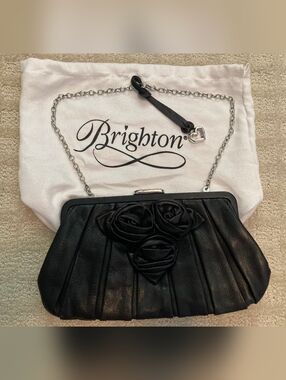BRIGHTON Black Leather Rosette Clutch with Chain Strap